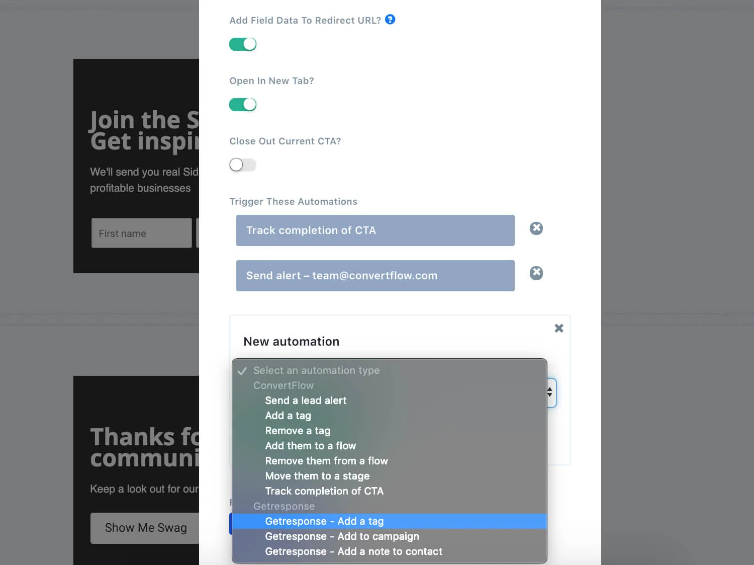 ConvertFlow pulling in GetResponse campaigns and tags