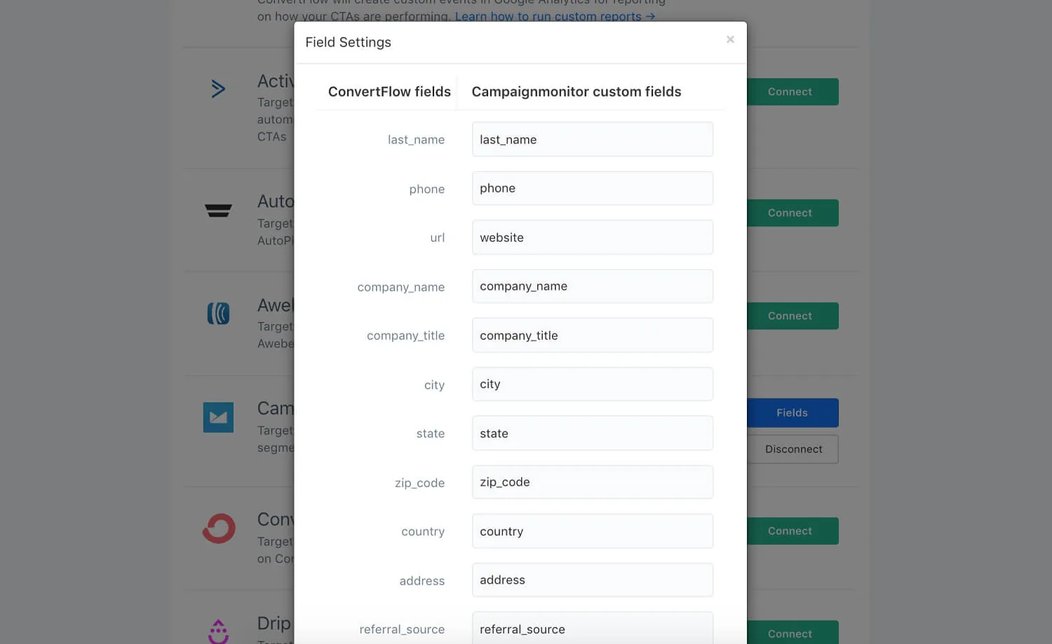 Mapping ConvertFlow preset contact fields to Campaign Monitor custom fields