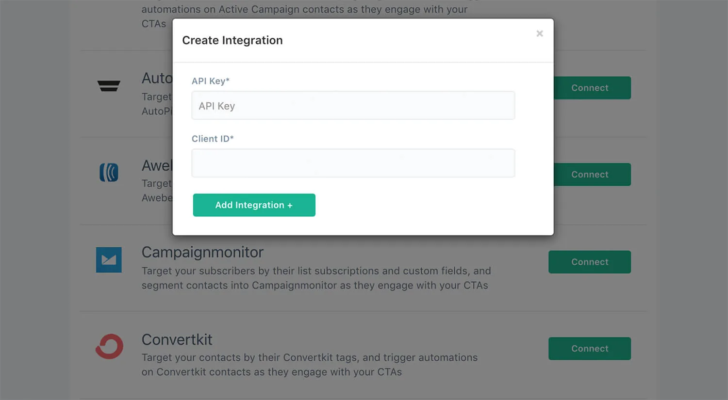 Pasting the Campaign Monitor Client ID and API key into ConvertFlow