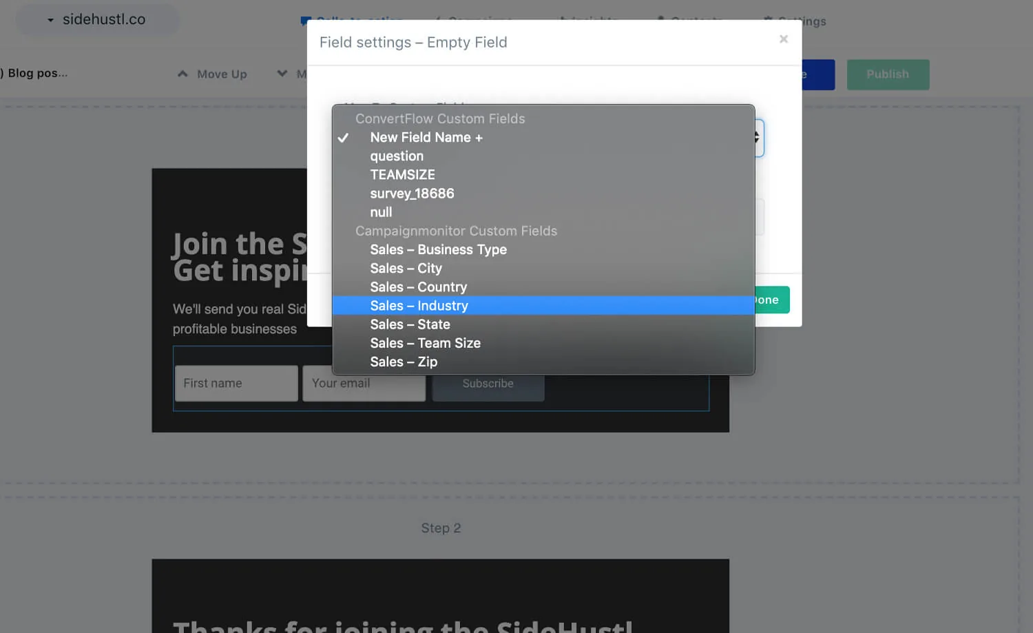 Selecting a Campaign Monitor field to map a pop-up answer to