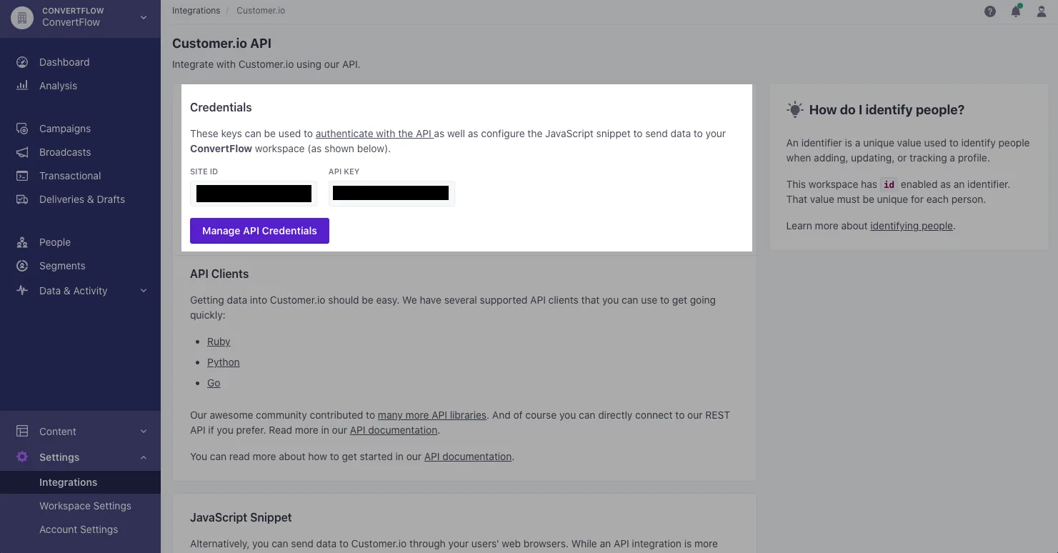 Finding Customer.io API credentials under Settings and Integrations