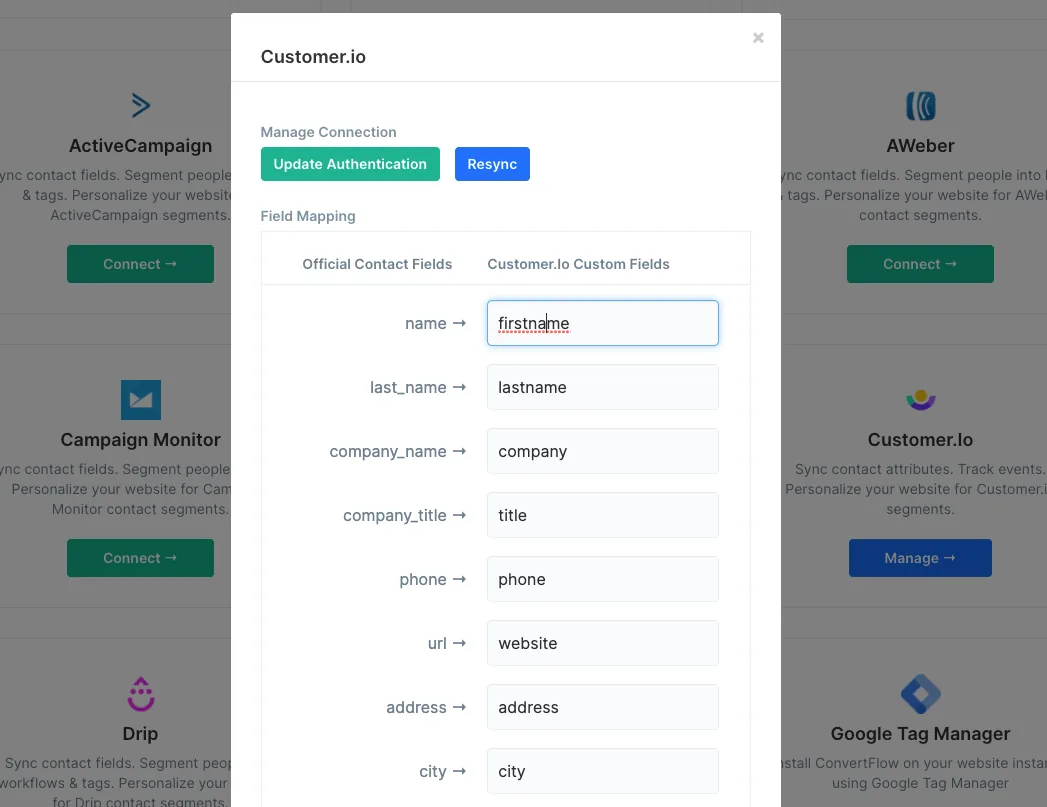 Mapping ConvertFlow preset contact fields to Customer.io attributes