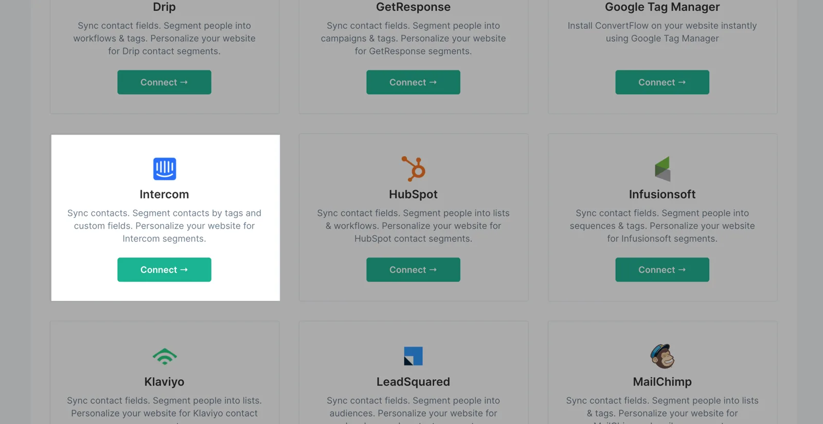 Connecting Intercom from the ConvertFlow integrations area