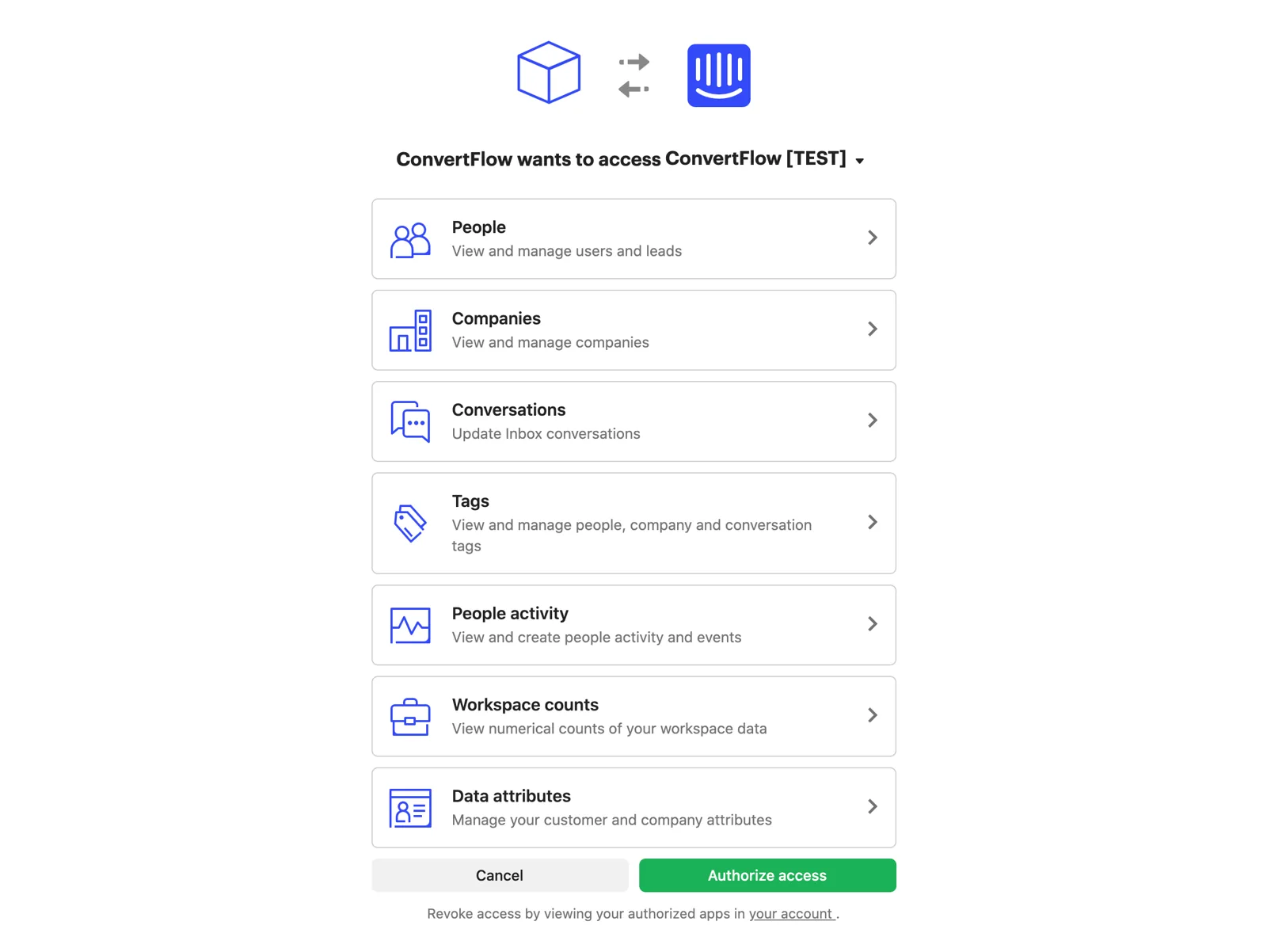 Authorizing the ConvertFlow app to access your Intercom workspace