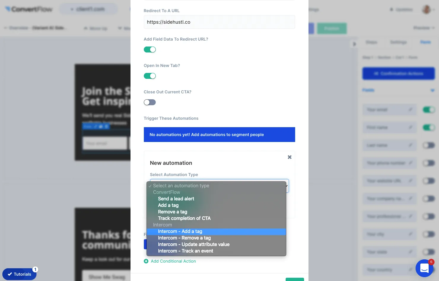 Adding an Intercom automation to a ConvertFlow survey