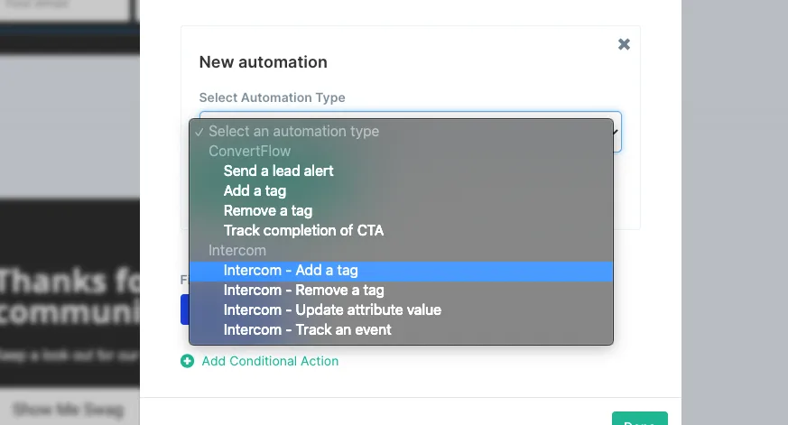 The Intercom automation types in ConvertFlow