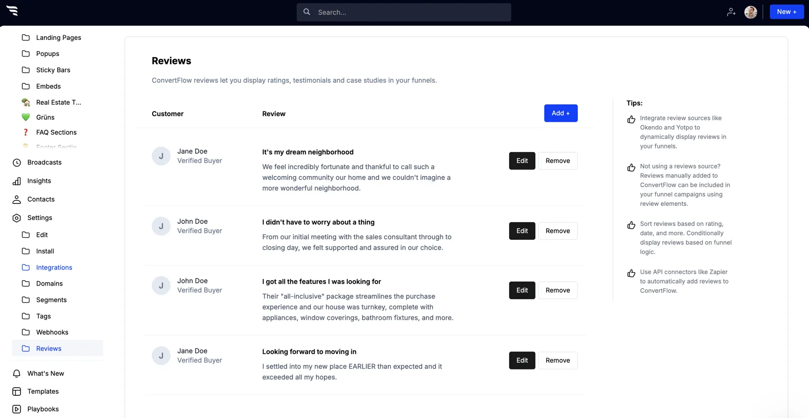 Managing reviews element settings in ConvertFlow