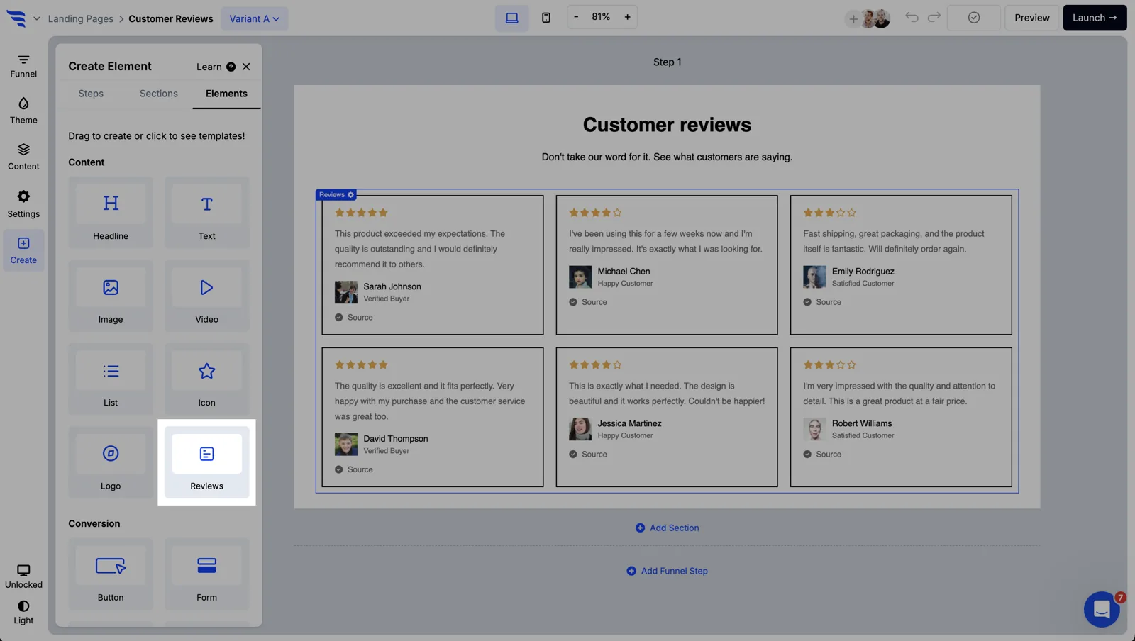 Adding a reviews element in the ConvertFlow builder