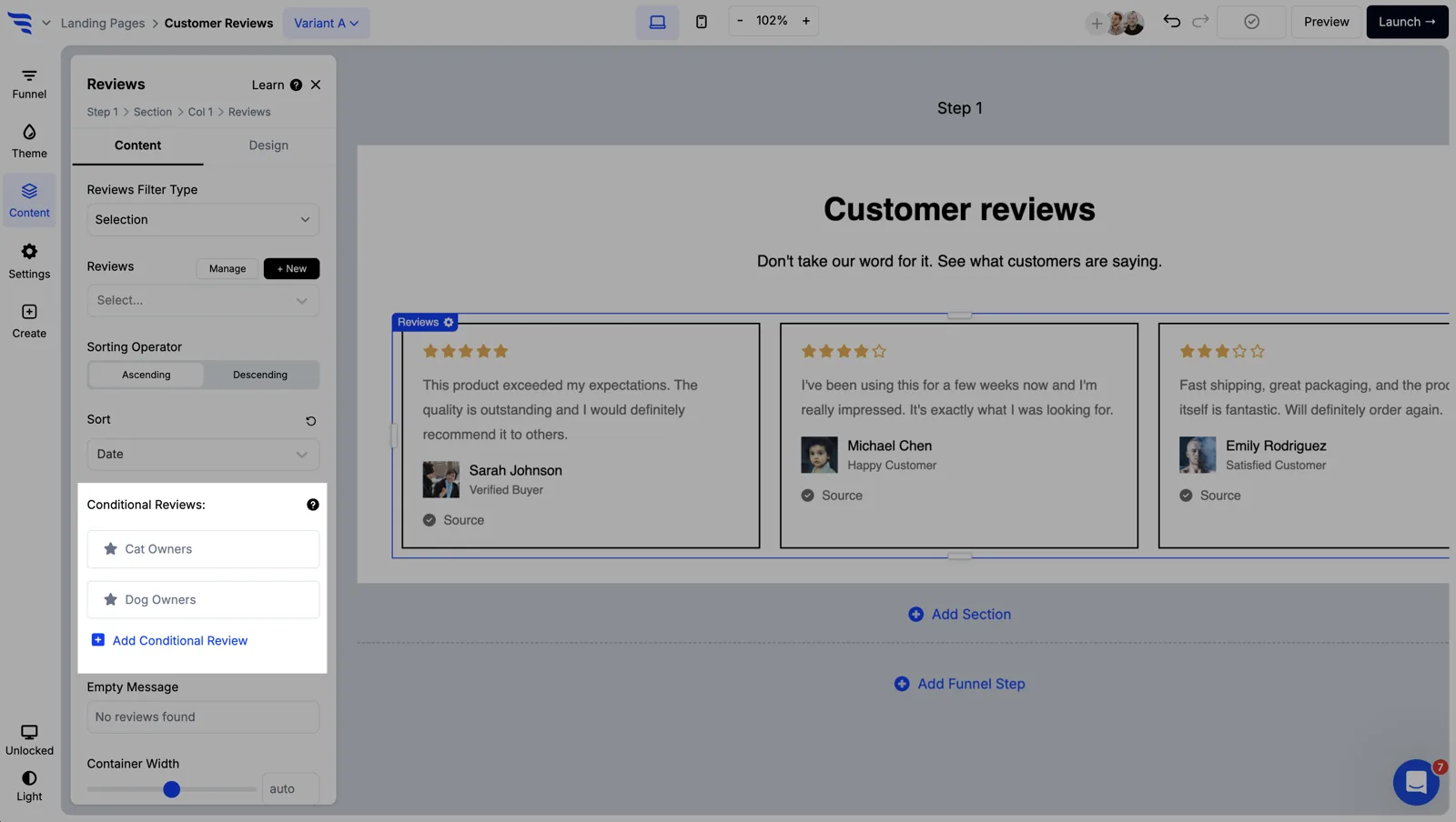 Setting conditional display rules for a reviews element
