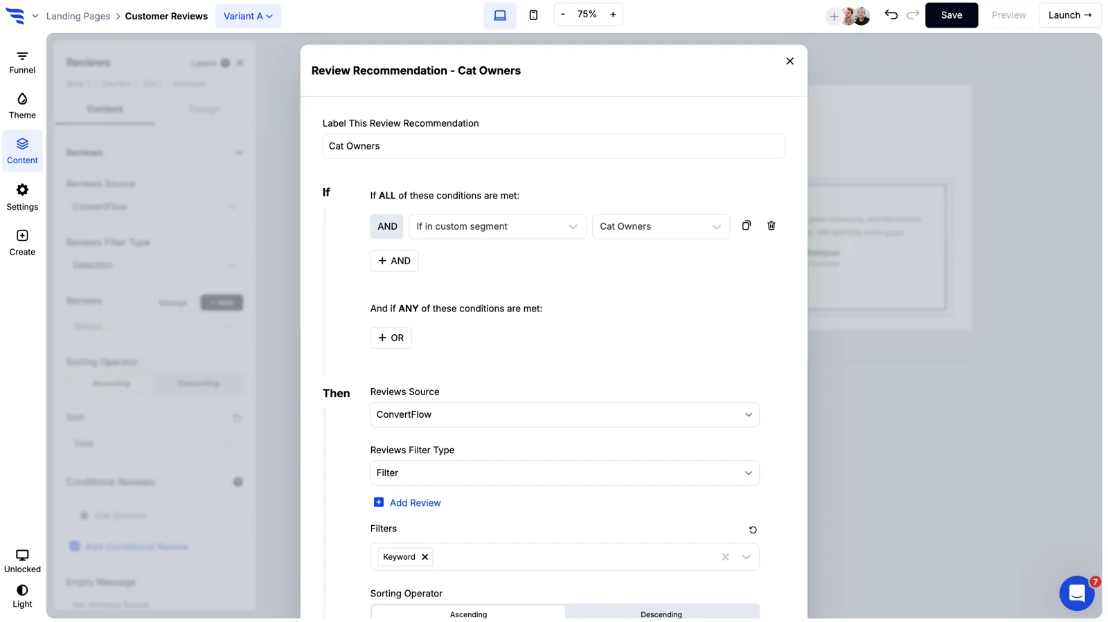 Conditional reviews filtered by keyword in ConvertFlow