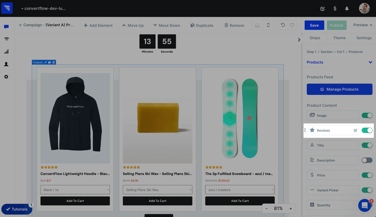 Enabling reviews on a ConvertFlow product element