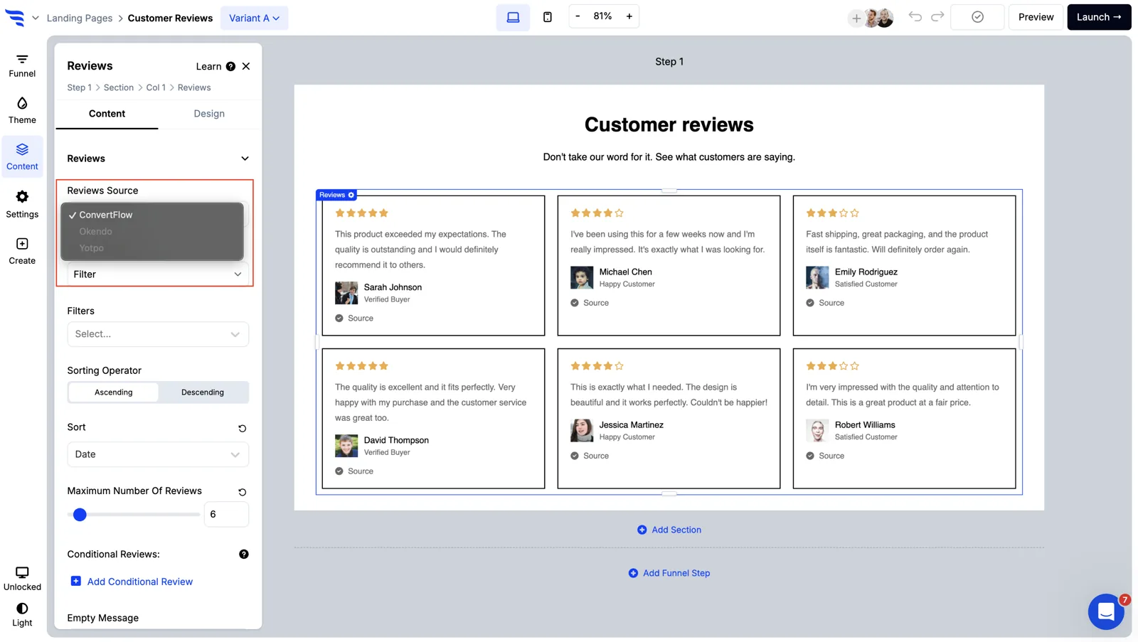 Selecting Yotpo as the reviews source in ConvertFlow