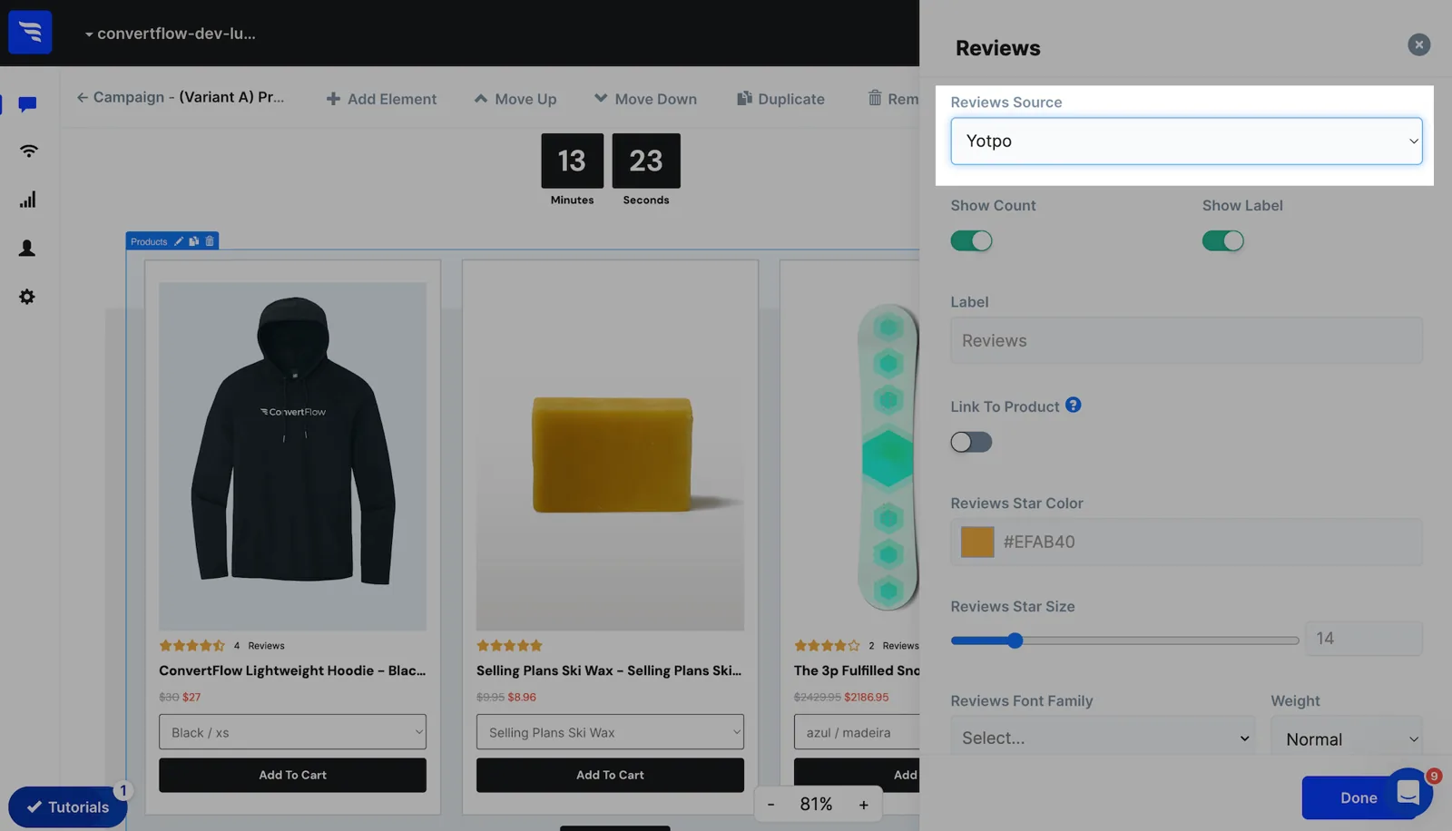 Selecting Yotpo as the source for product element reviews