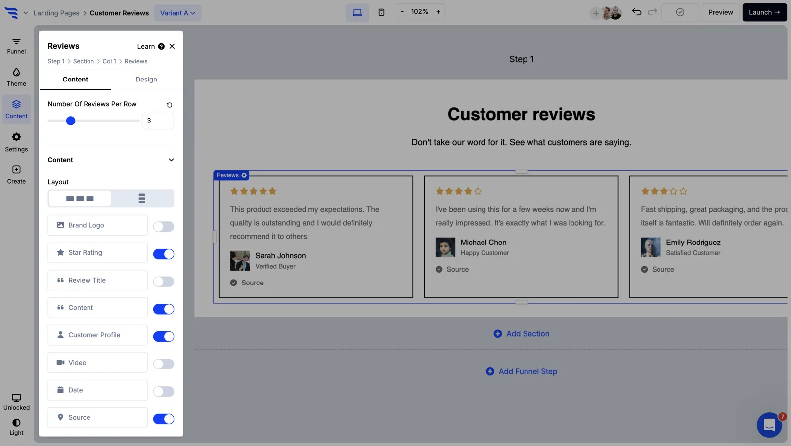 Toggling which review content displays in ConvertFlow