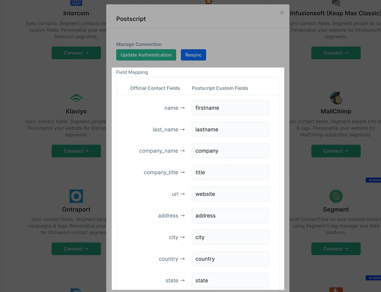 Mapping ConvertFlow preset contact fields to Postscript message tags