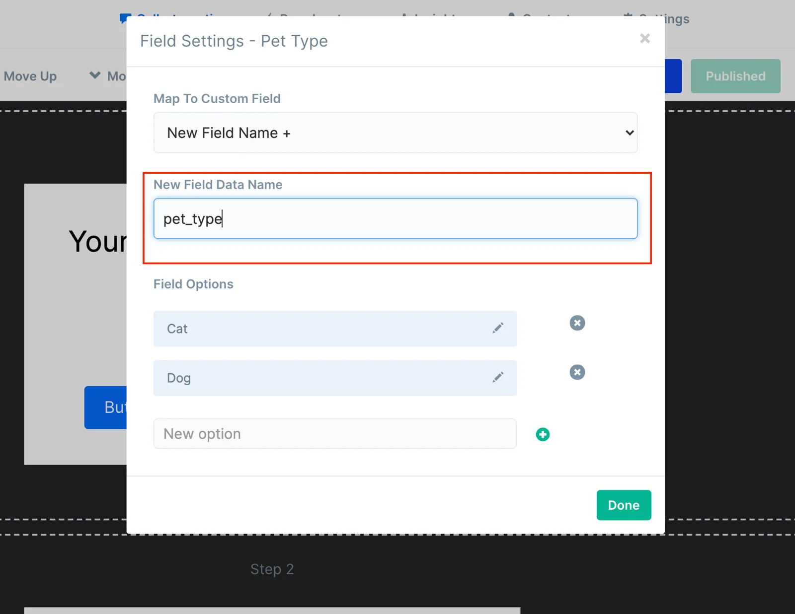 Writing a custom field data name to map to a Postscript message tag