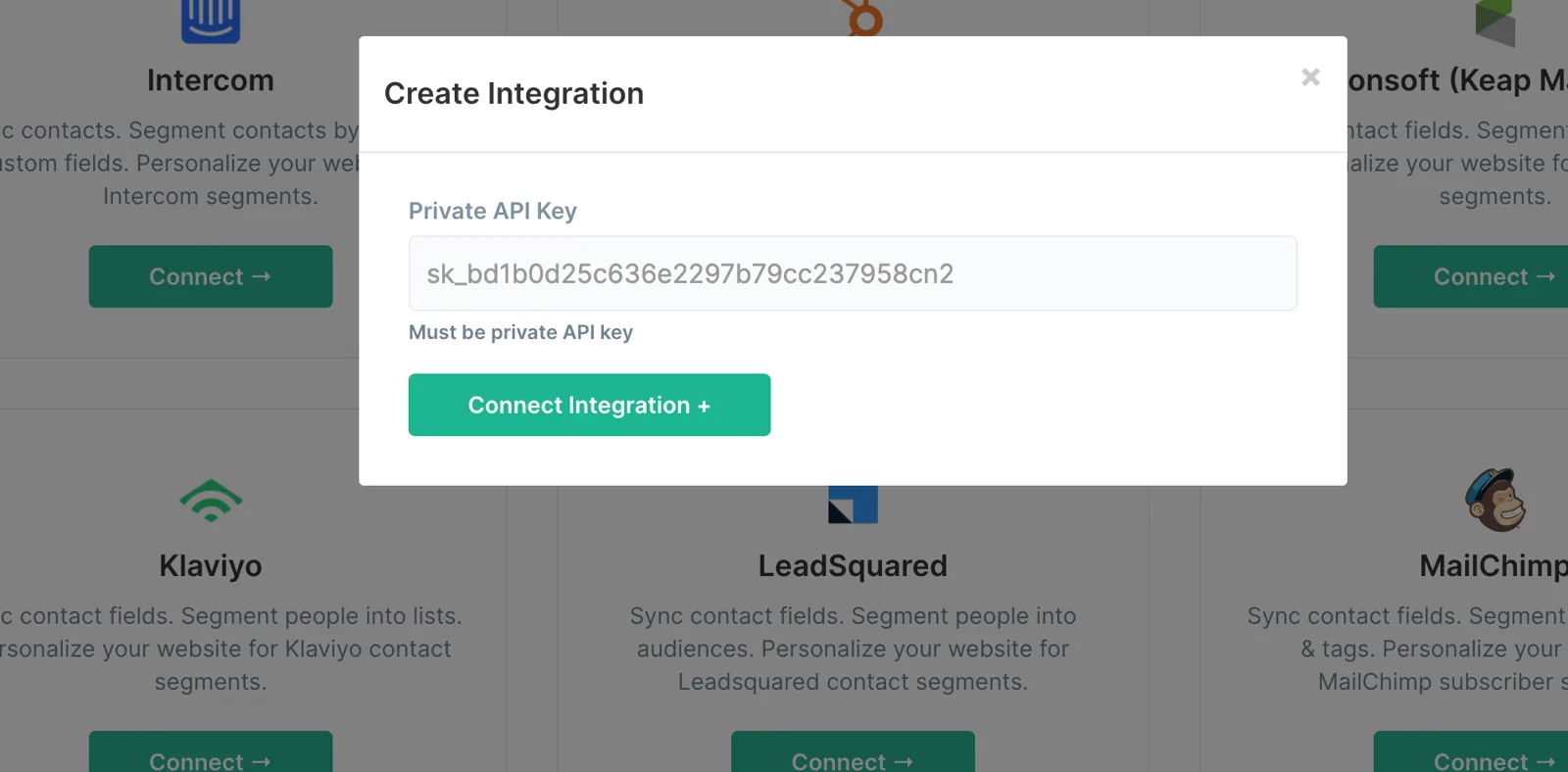 Pasting the Postscript private API key into ConvertFlow