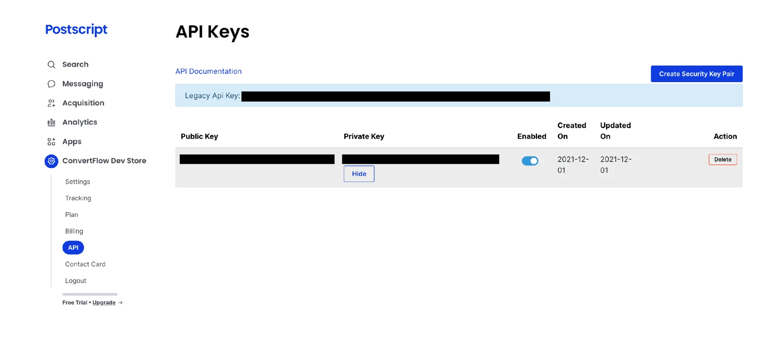 Creating an API key for ConvertFlow on the Postscript API keys page