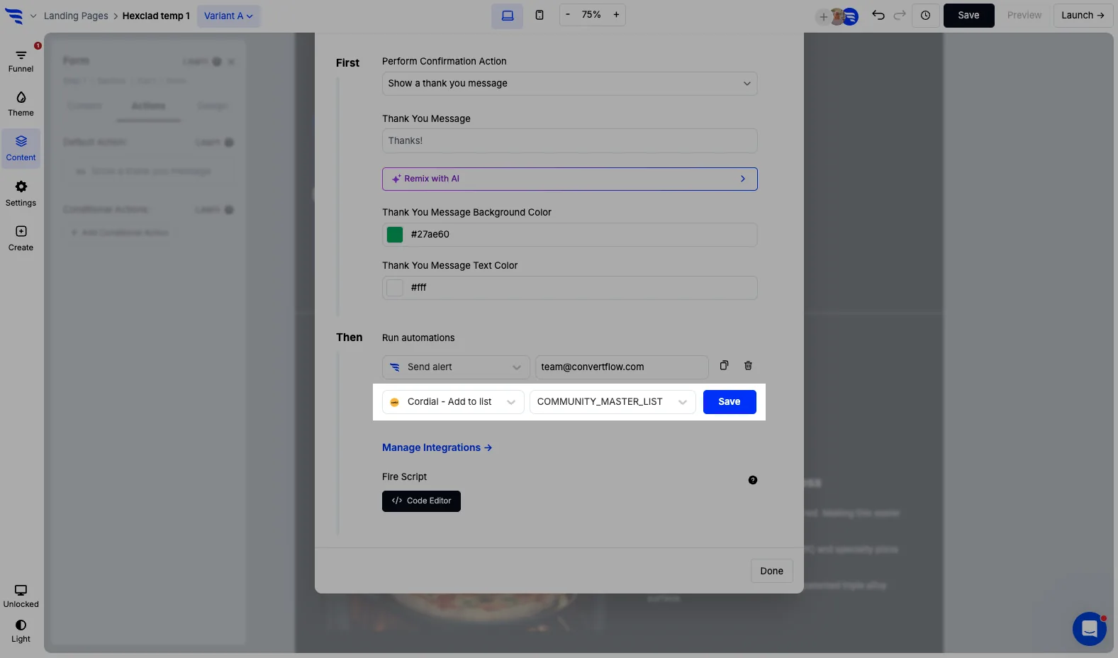 Selecting a Cordial list for the add to list automation