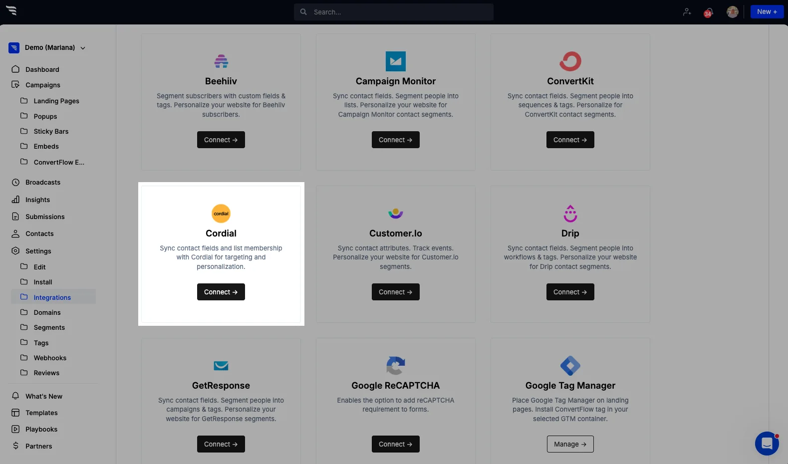 The integrations area in a ConvertFlow website dashboard