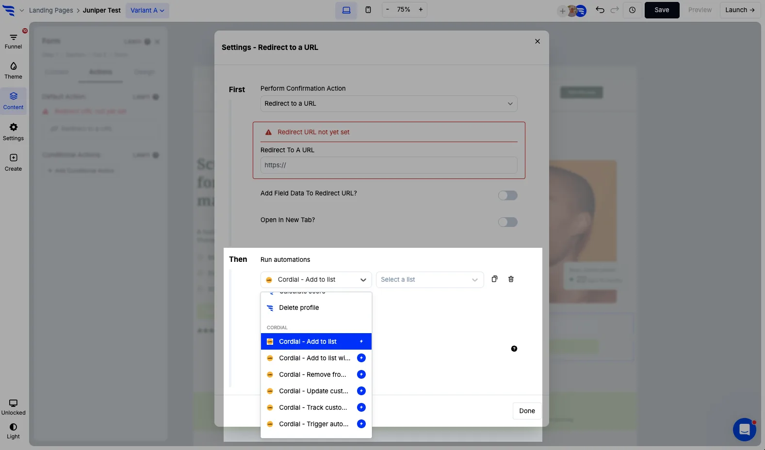 The Actions tab for adding Cordial automations in ConvertFlow