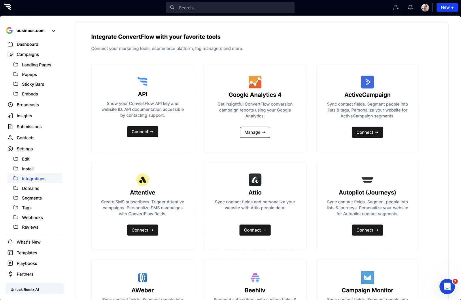 The integrations area in a ConvertFlow website dashboard
