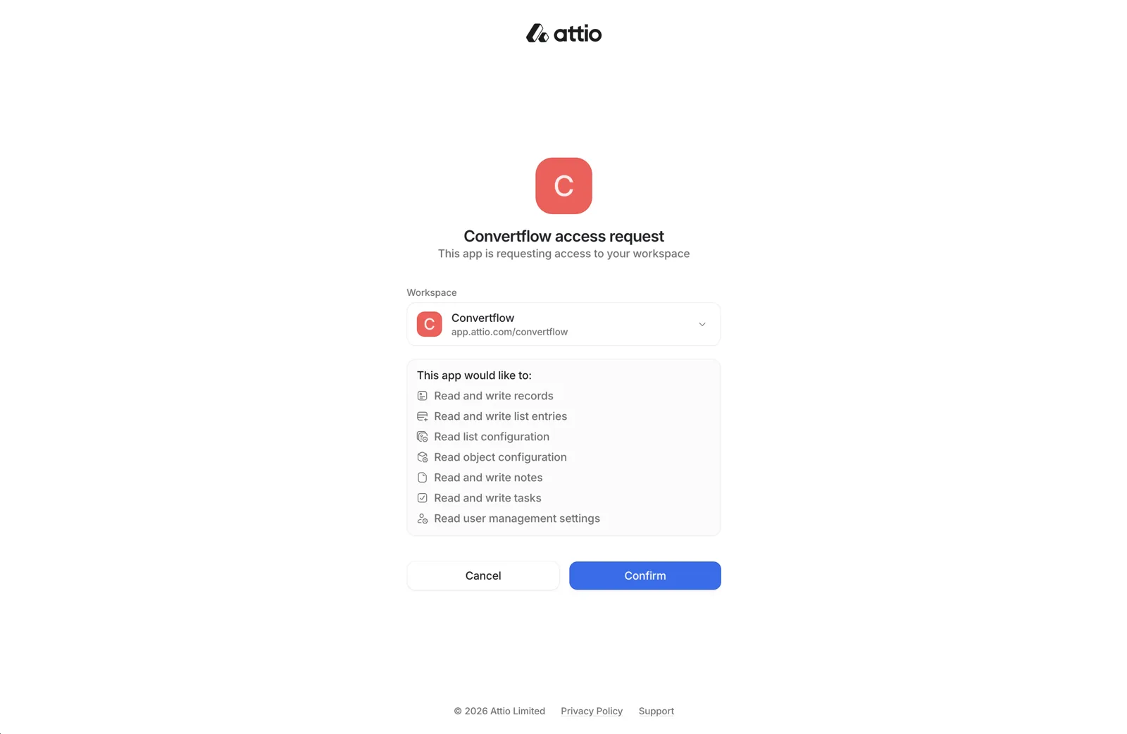 Granting ConvertFlow permission to access Attio data