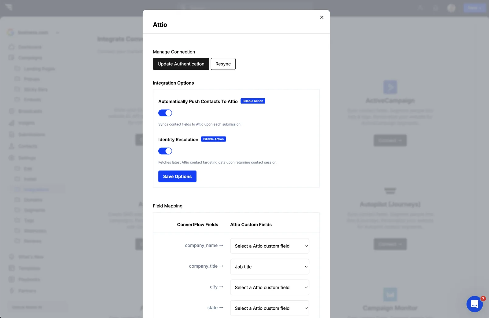 The Resync button on the Attio integration in ConvertFlow
