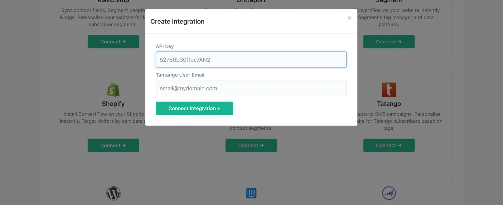 Pasting the Tatango API key and user email into ConvertFlow