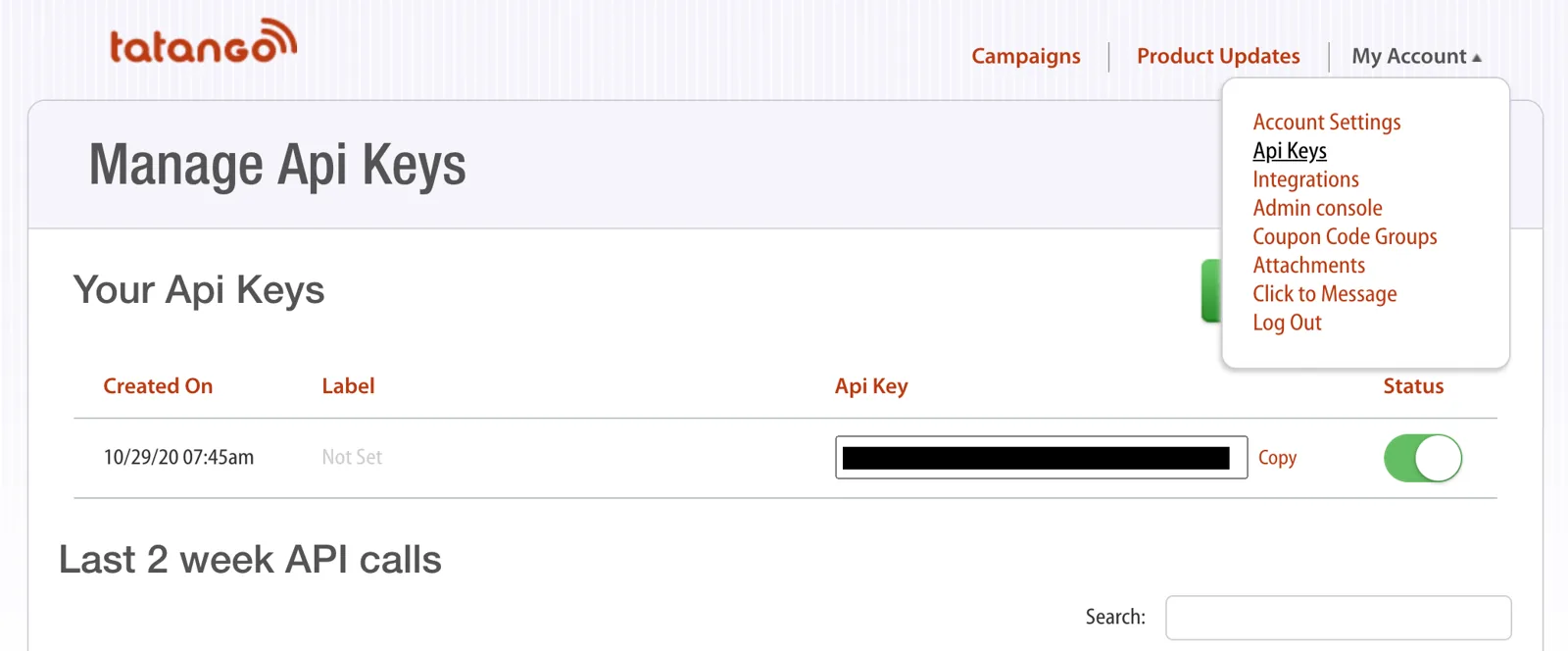 Copying the API key from Tatango's API keys page