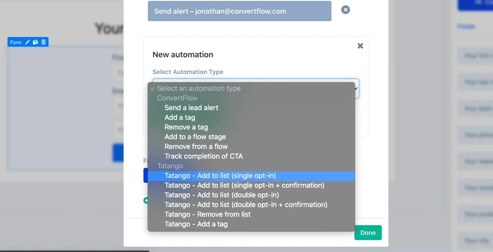 Adding Tatango automations in the ConvertFlow builder