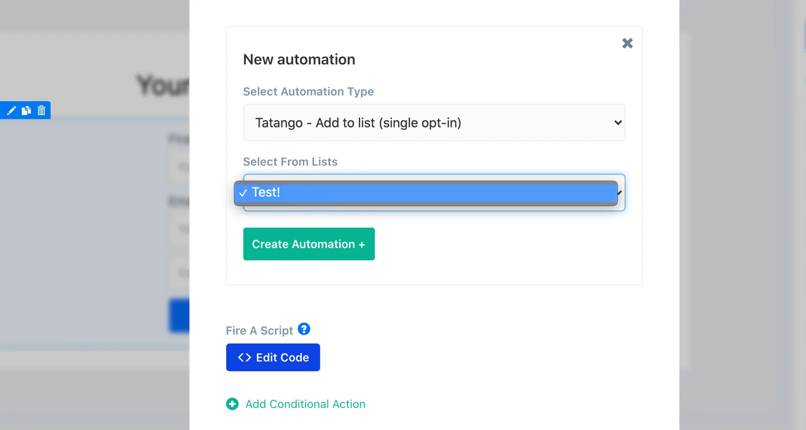 Selecting a Tatango list when creating an automation