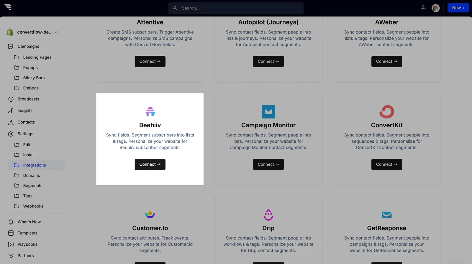 The integrations area in a ConvertFlow website dashboard