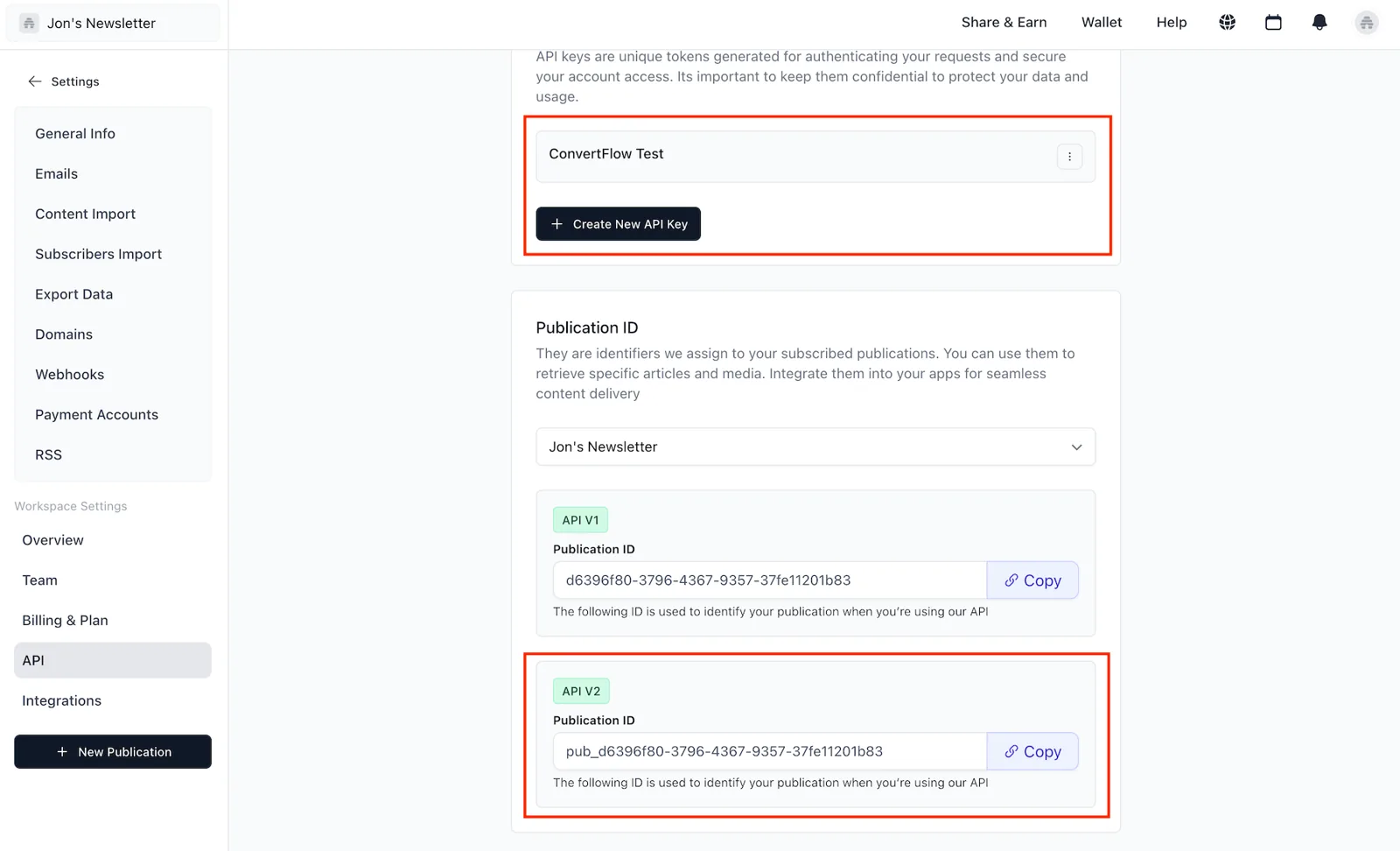 Finding the beehiiv publication ID and API key in beehiiv settings