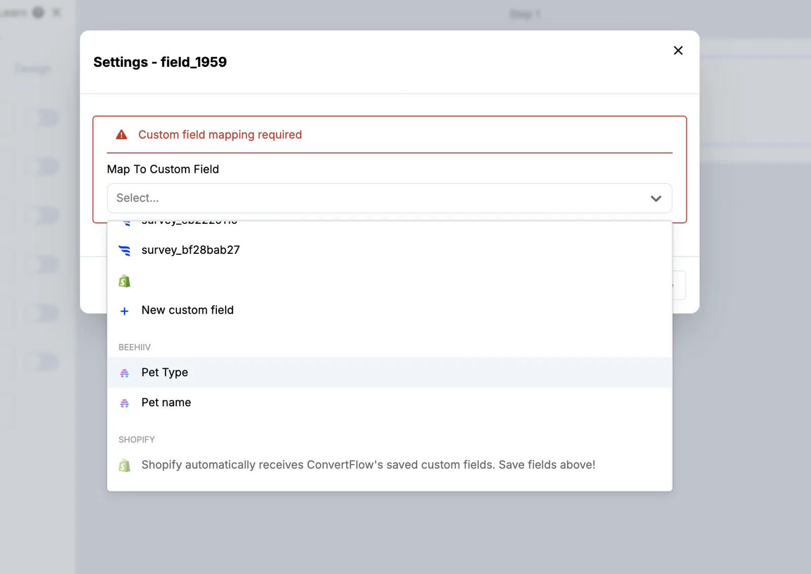 Selecting a beehiiv field when adding a custom field in ConvertFlow