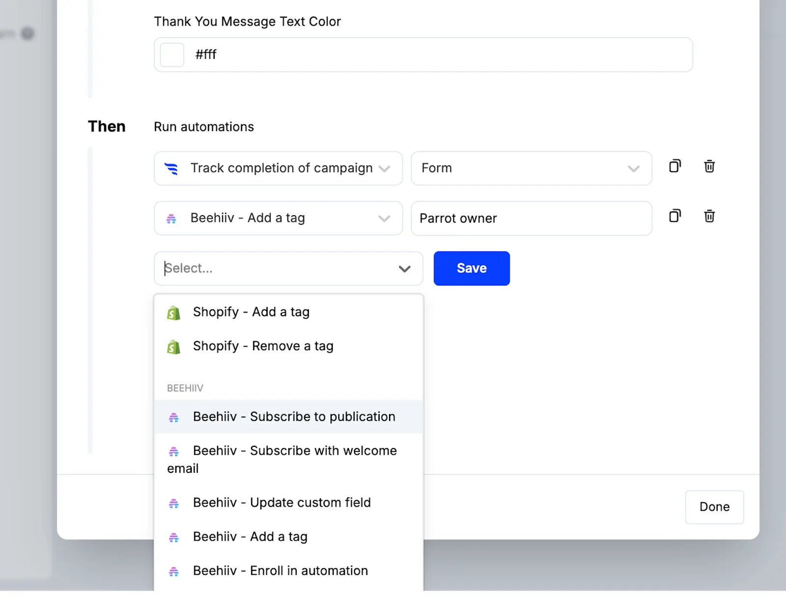 The beehiiv automation types in ConvertFlow