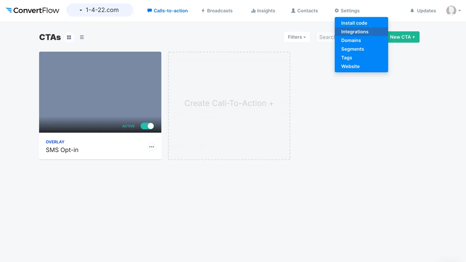 The integrations page in a ConvertFlow website dashboard