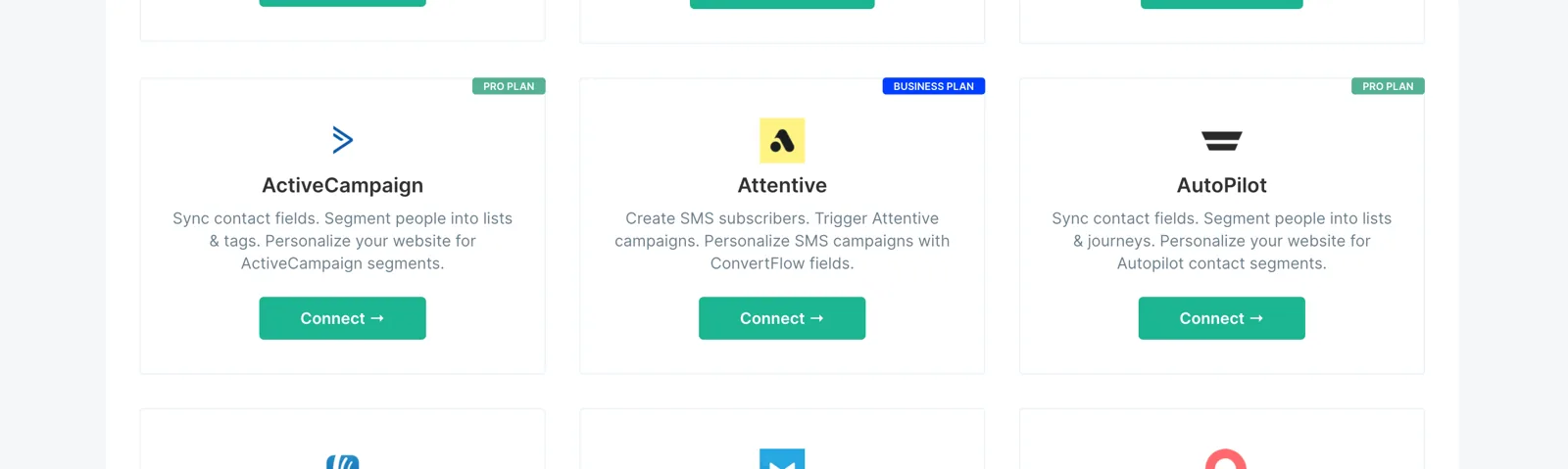 Clicking to connect with Attentive in ConvertFlow