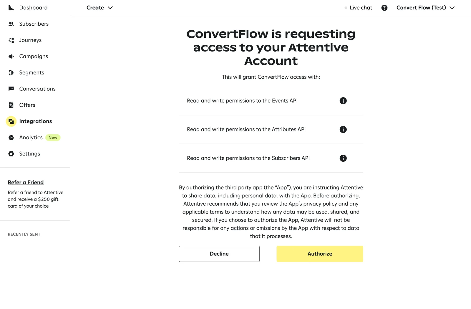 Granting ConvertFlow access to an Attentive account