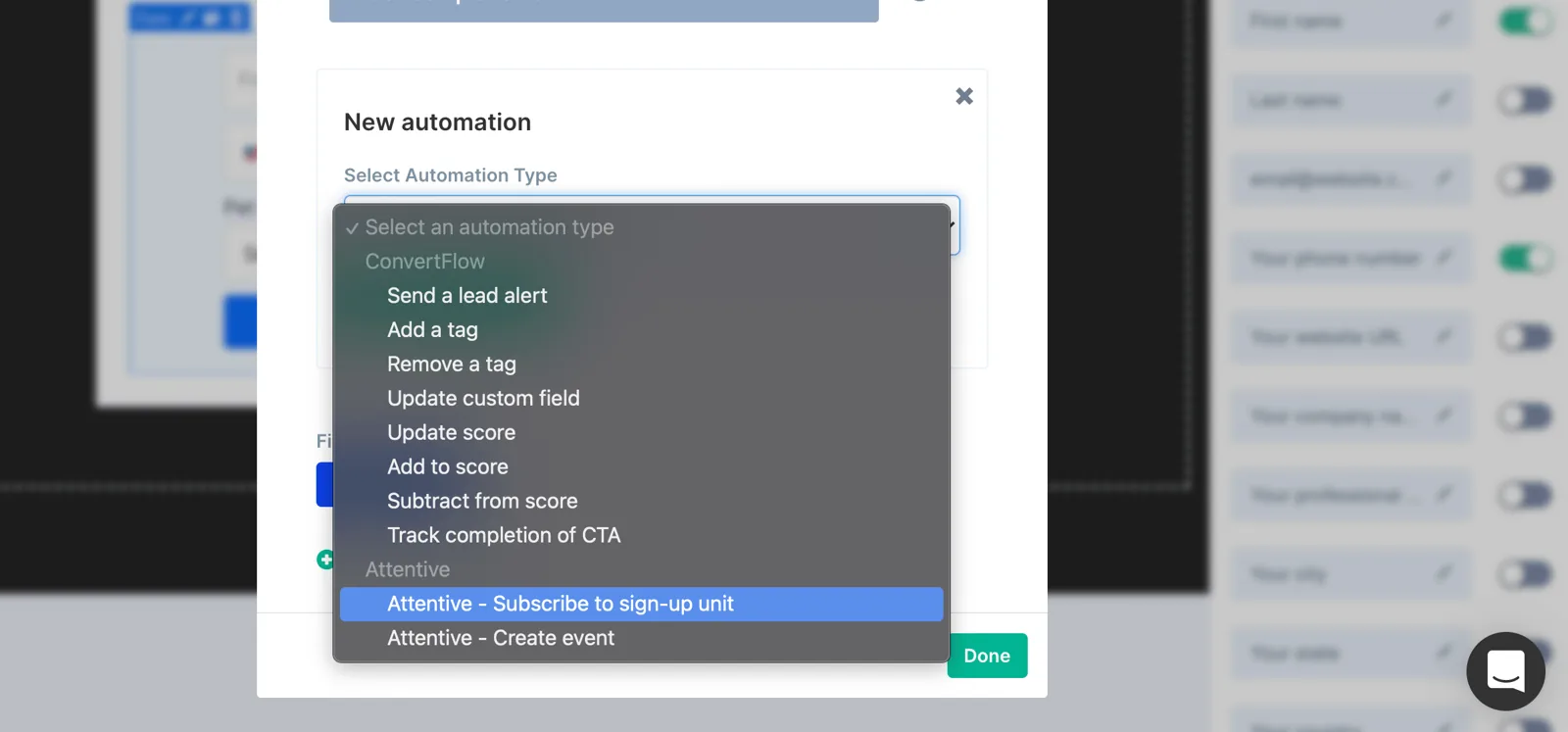 The Attentive automation types in ConvertFlow