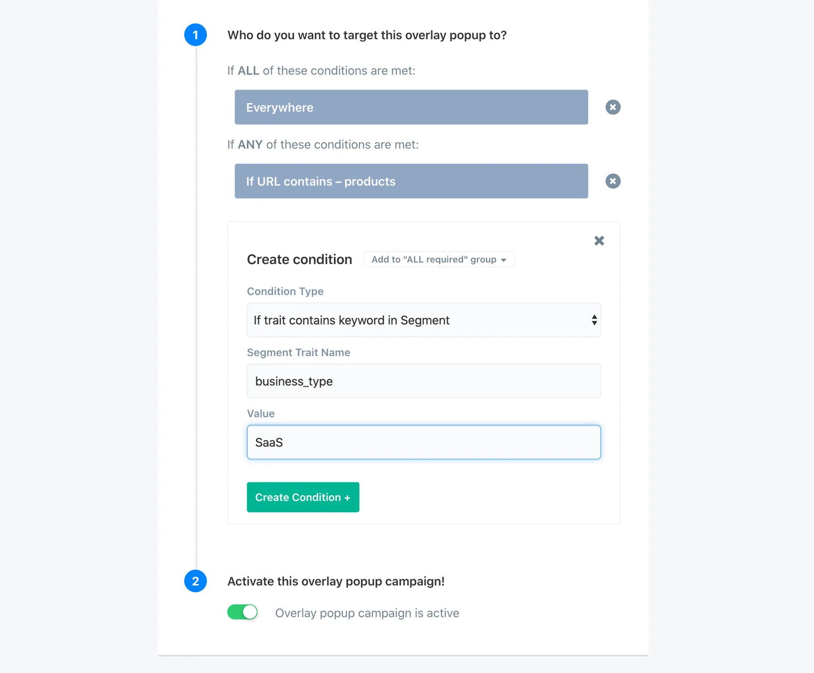 Segment trait targeting conditions in a ConvertFlow campaign