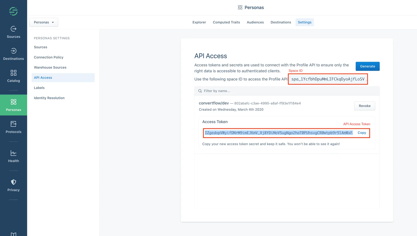 Generating a Personas API access token and finding the space ID in Segment