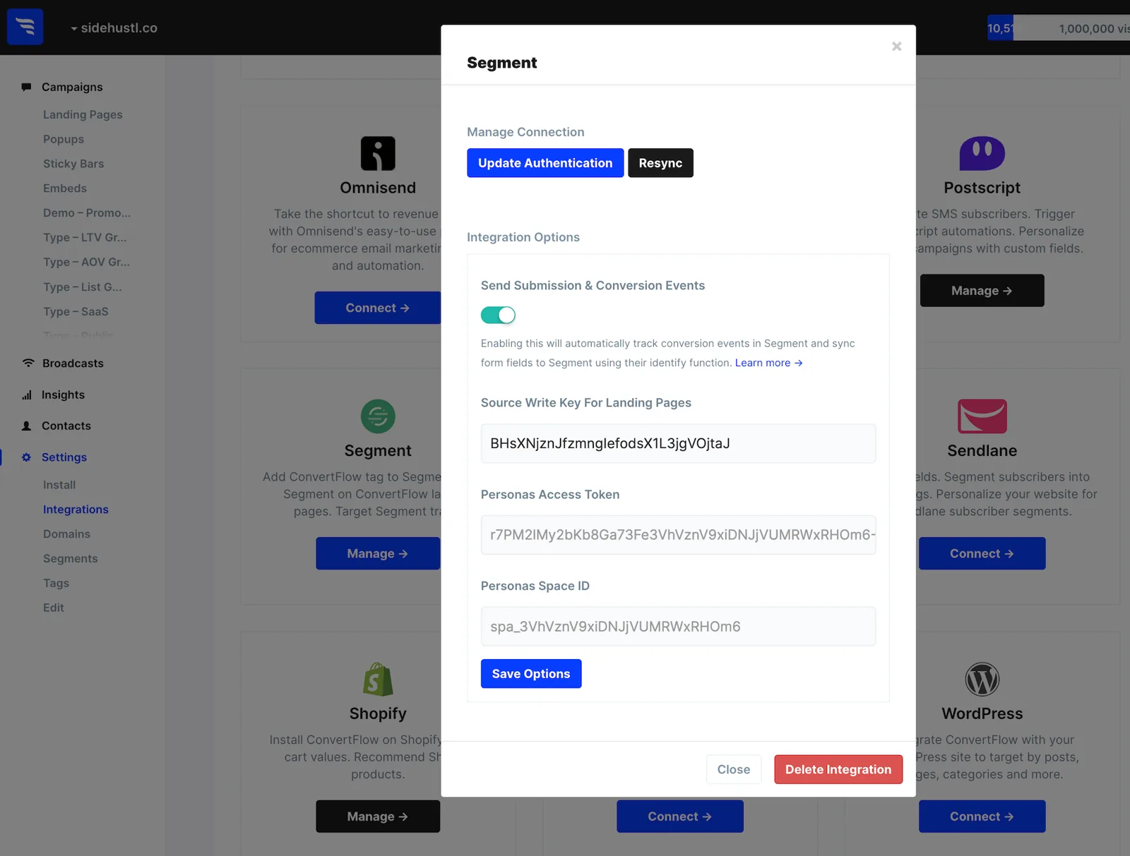 Pasting a Segment write key into ConvertFlow's integration options