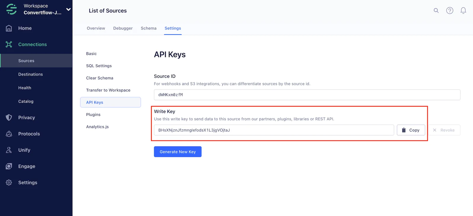 Copying the write key from a Segment source's API keys settings