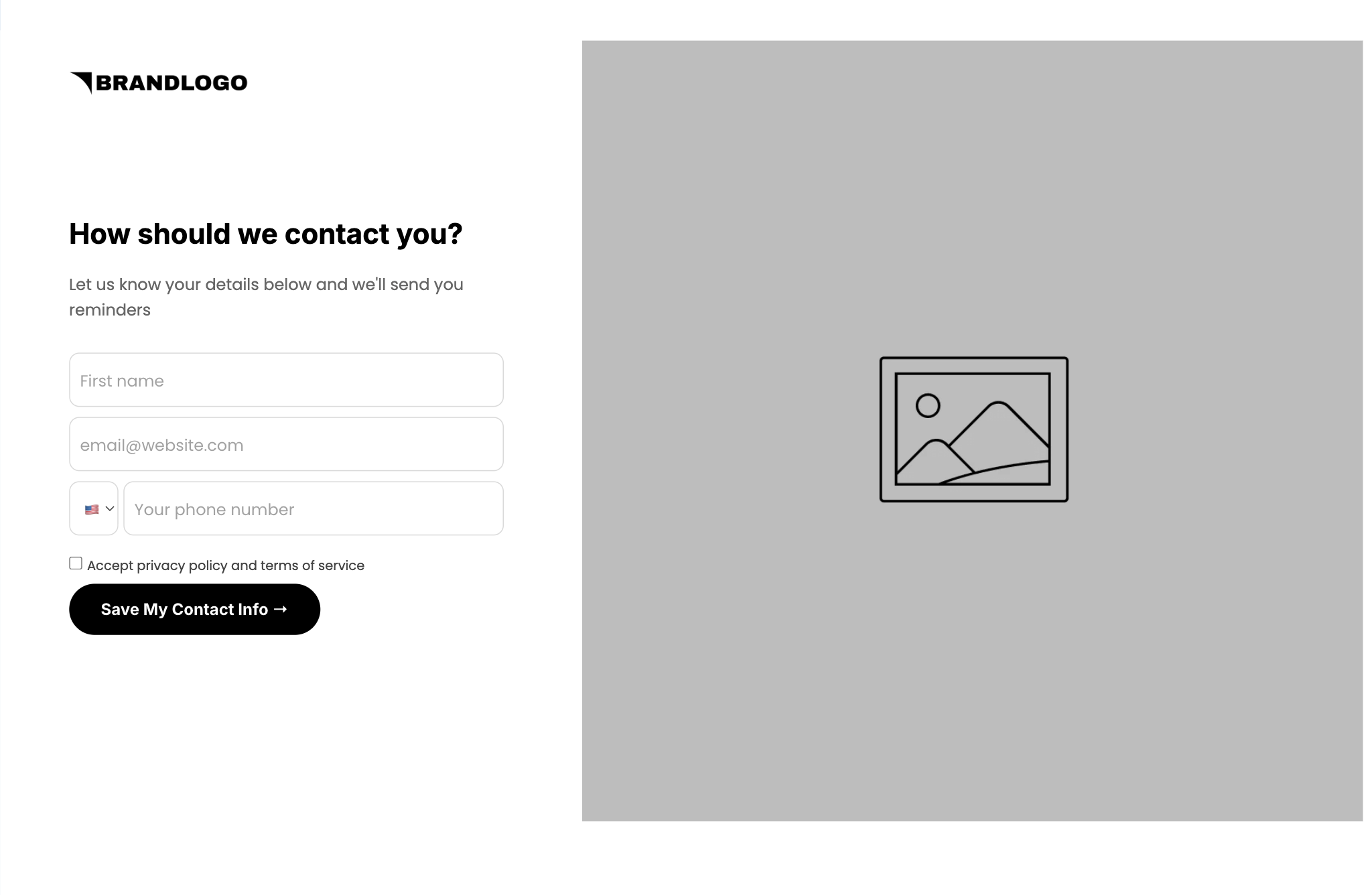 Step 3 contact gate: How should we contact you? First name, email, phone, consent checkbox, Save My Contact Info button