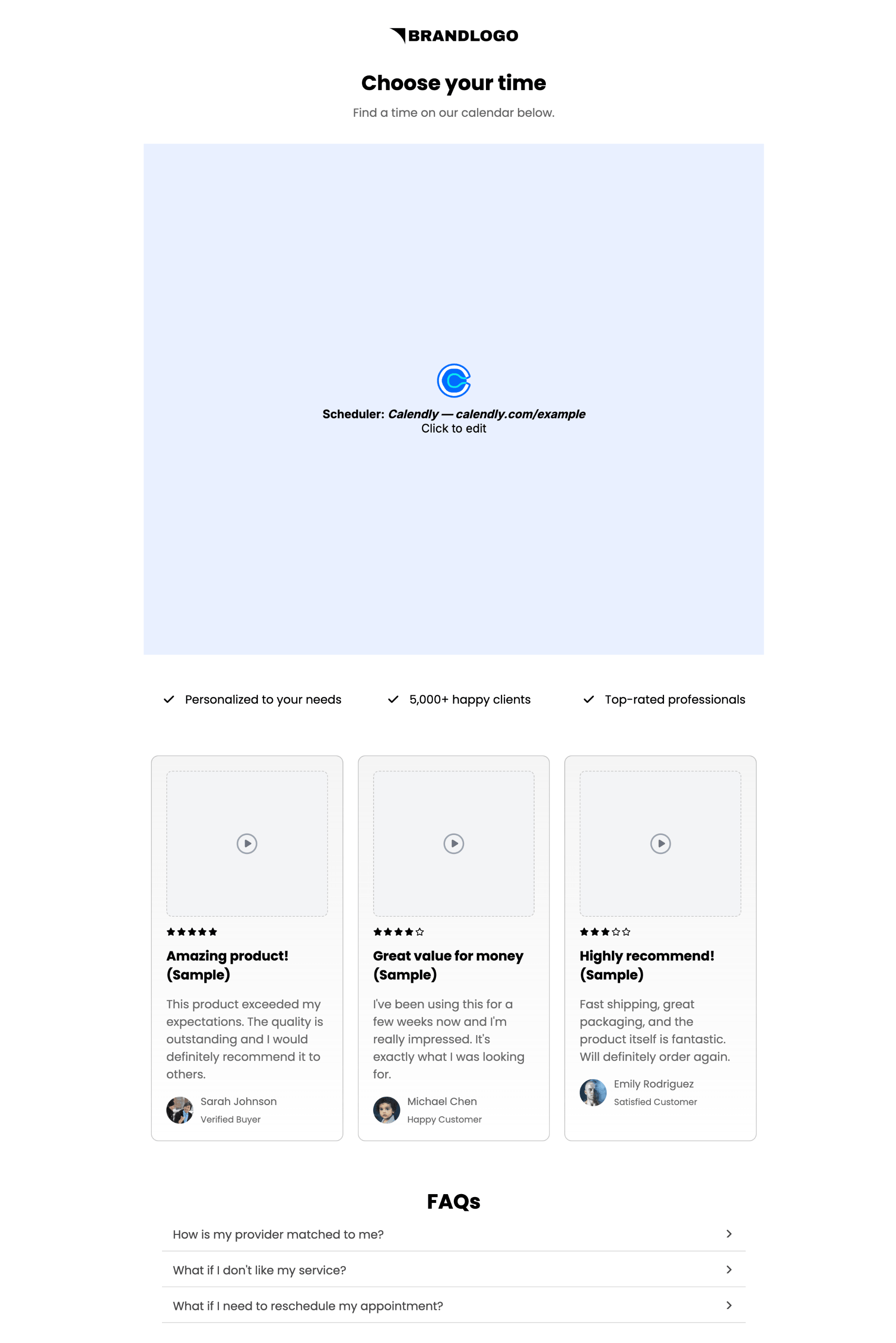 Step 5 booking page: Choose your time, calendar embed area, trust ticks and three sample review cards