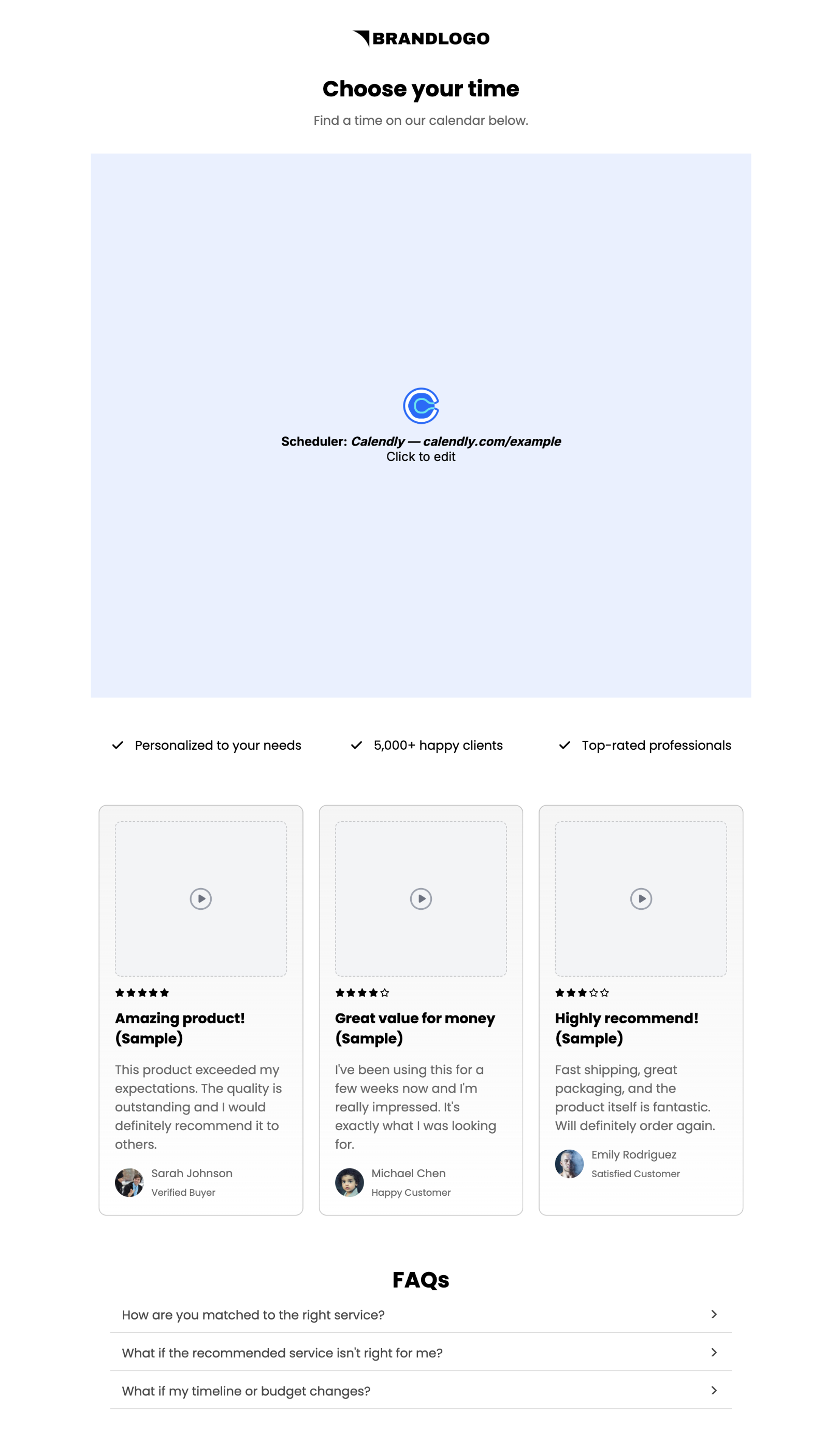 Step 5 booking page: Choose your time, Calendly scheduler element, trust ticks, three sample review cards and FAQs