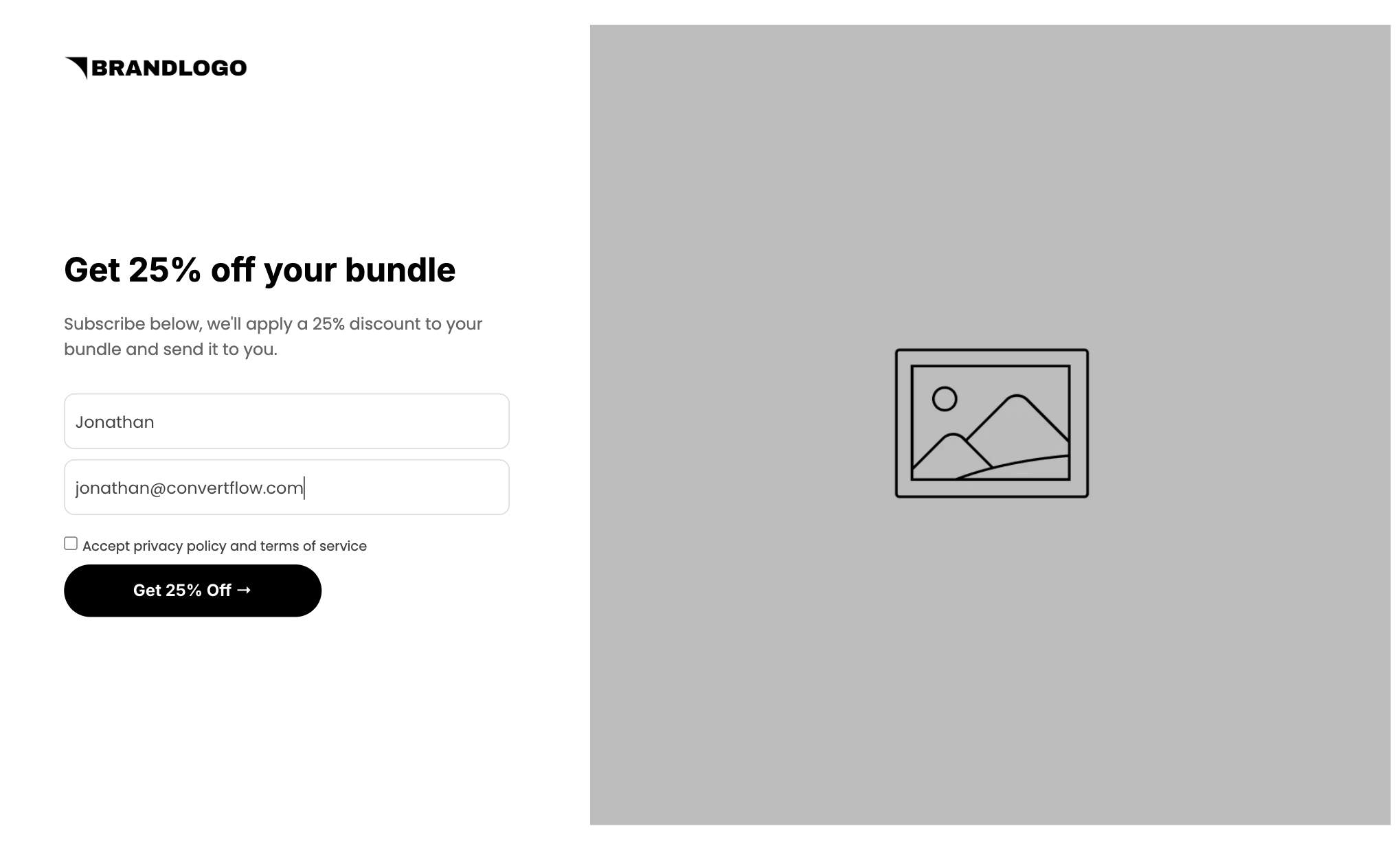 Step 3 email offer: Get 25% off your bundle, first name, email, consent, Get 25% Off button