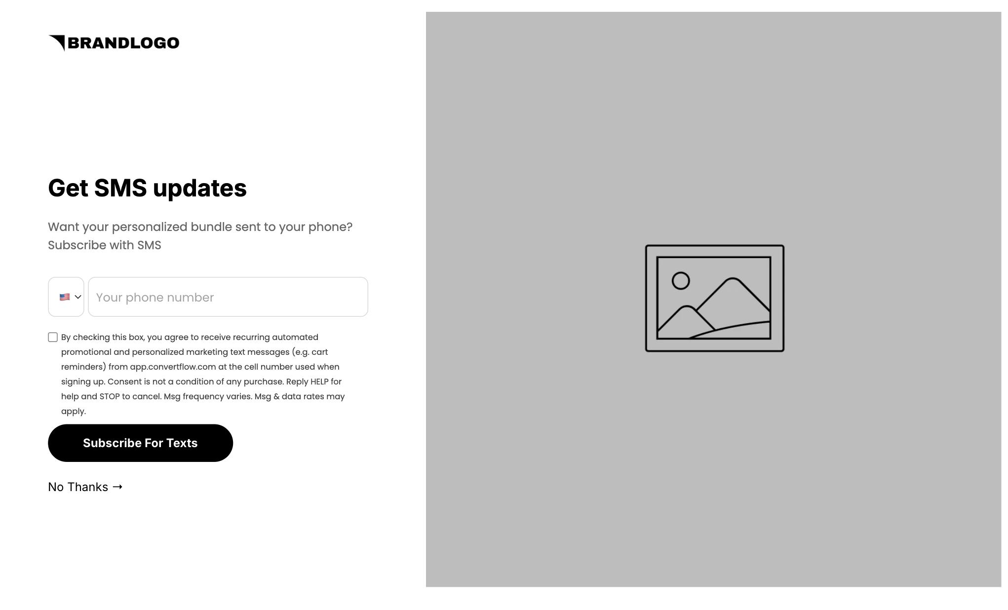 Step 4 SMS: Get SMS updates, phone number with country code, SMS consent, Subscribe For Texts and No Thanks