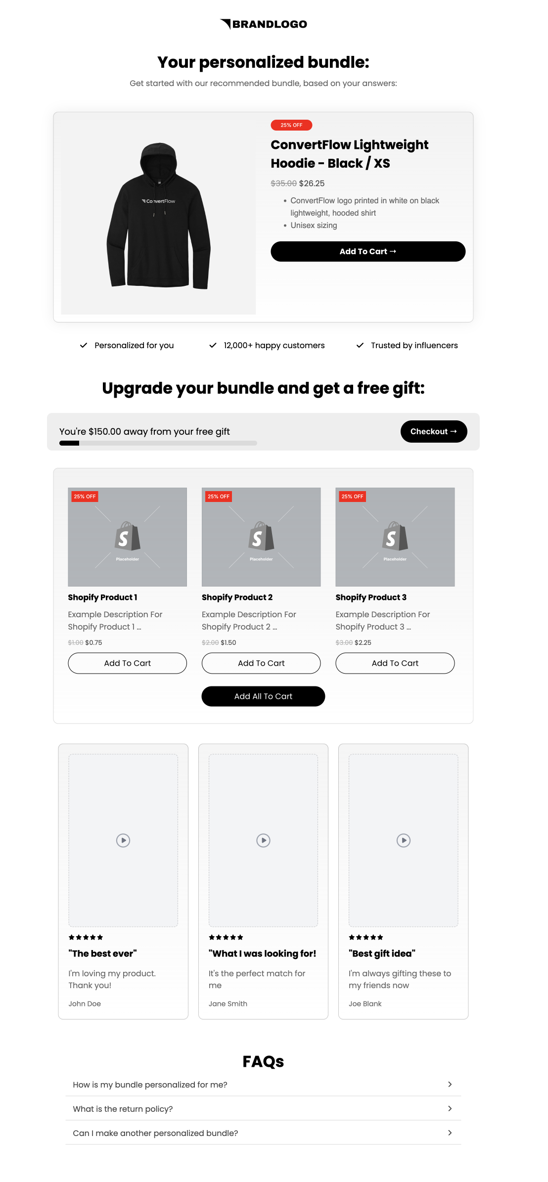 Step 6 bundle results: hero product with 25% off and Add To Cart, trust ticks, free gift progress bar, three add-on products with Add All To Cart, reviews and FAQs